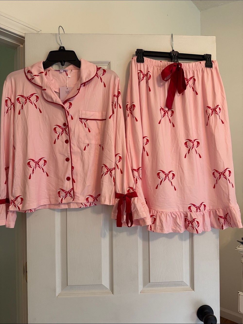 Women's Pink Candy-Cane Print Pajama Skirt Set with Red Trim
